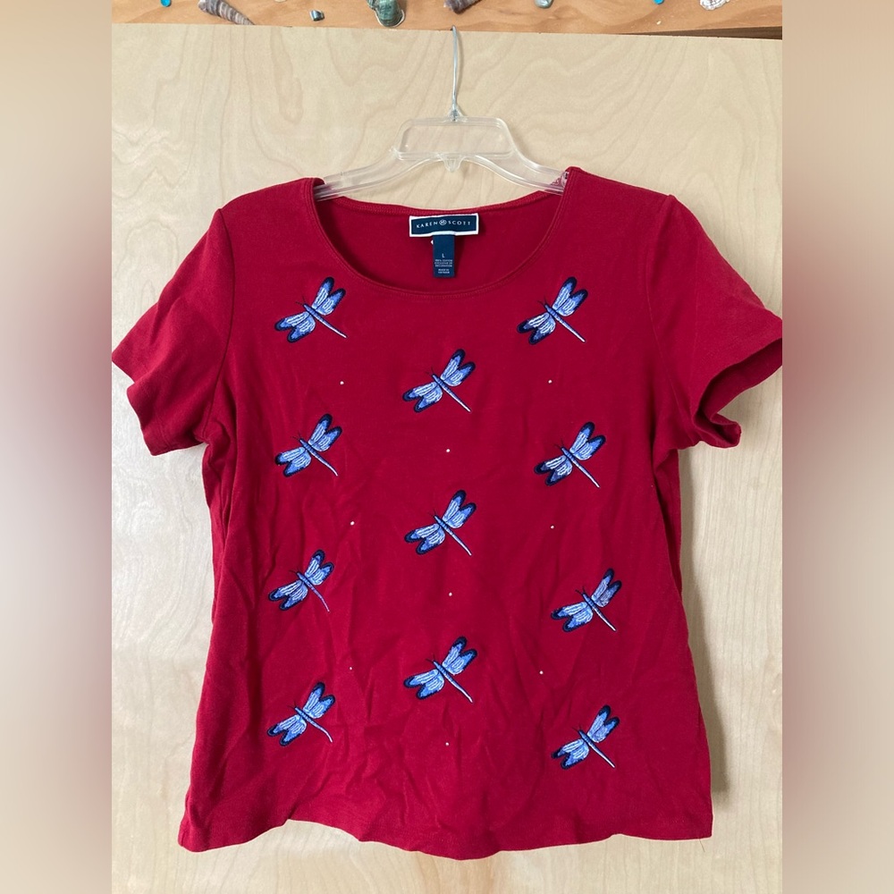 Karen Scott Vibrant Red Dragonfly T-Shirt with Rhinestones Women’s Size Large